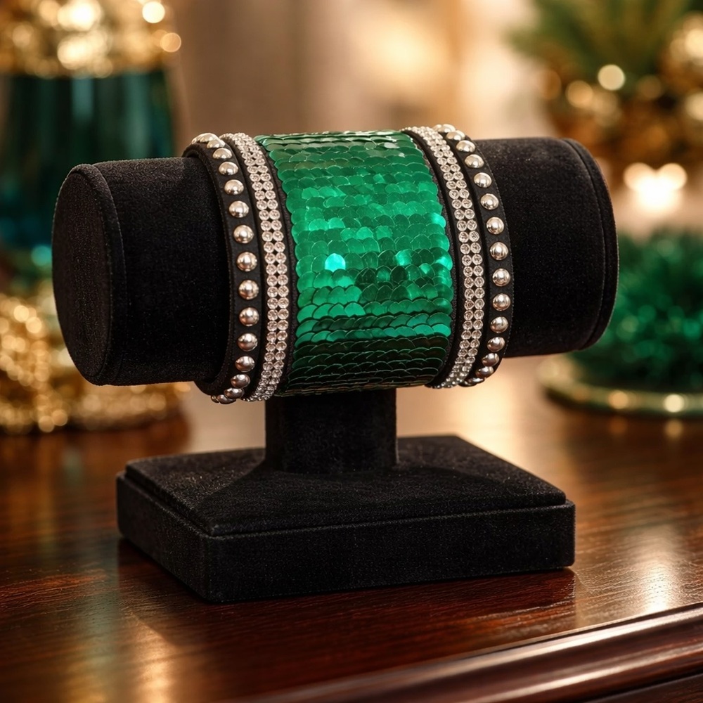 Green Sequin Cuff Bracelet with Silver Accents‎